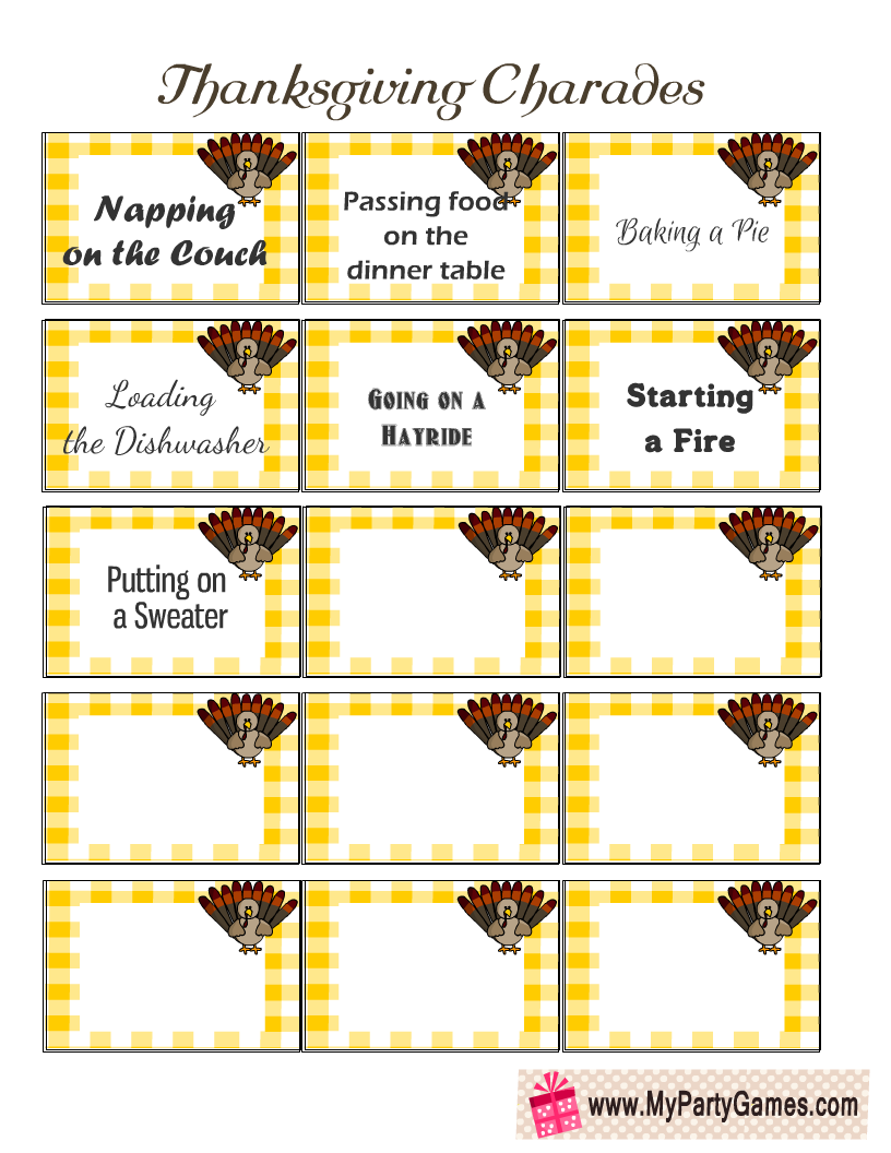 22 Free Printable Thanksgiving Charades Cards sheet 1