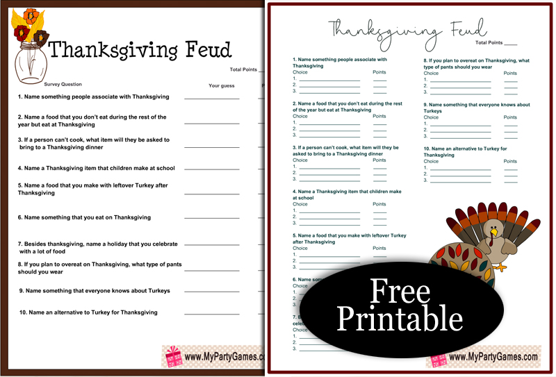 Free Printable Thanksgiving Family Feud Game