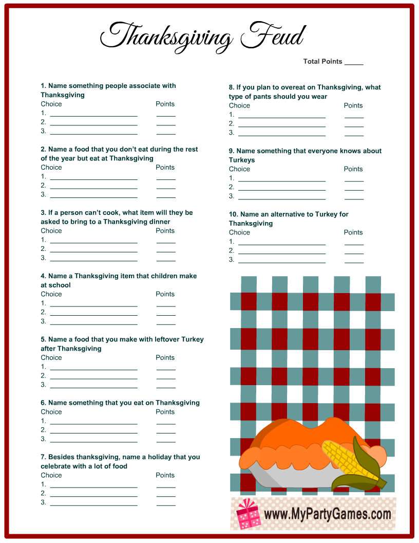 Free Printable Thanksgiving Family Feud Game