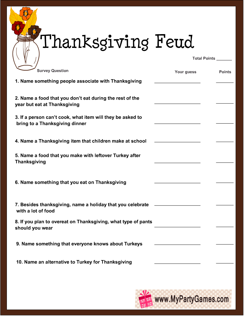Thanksgiving Family Feud Game Free Printable