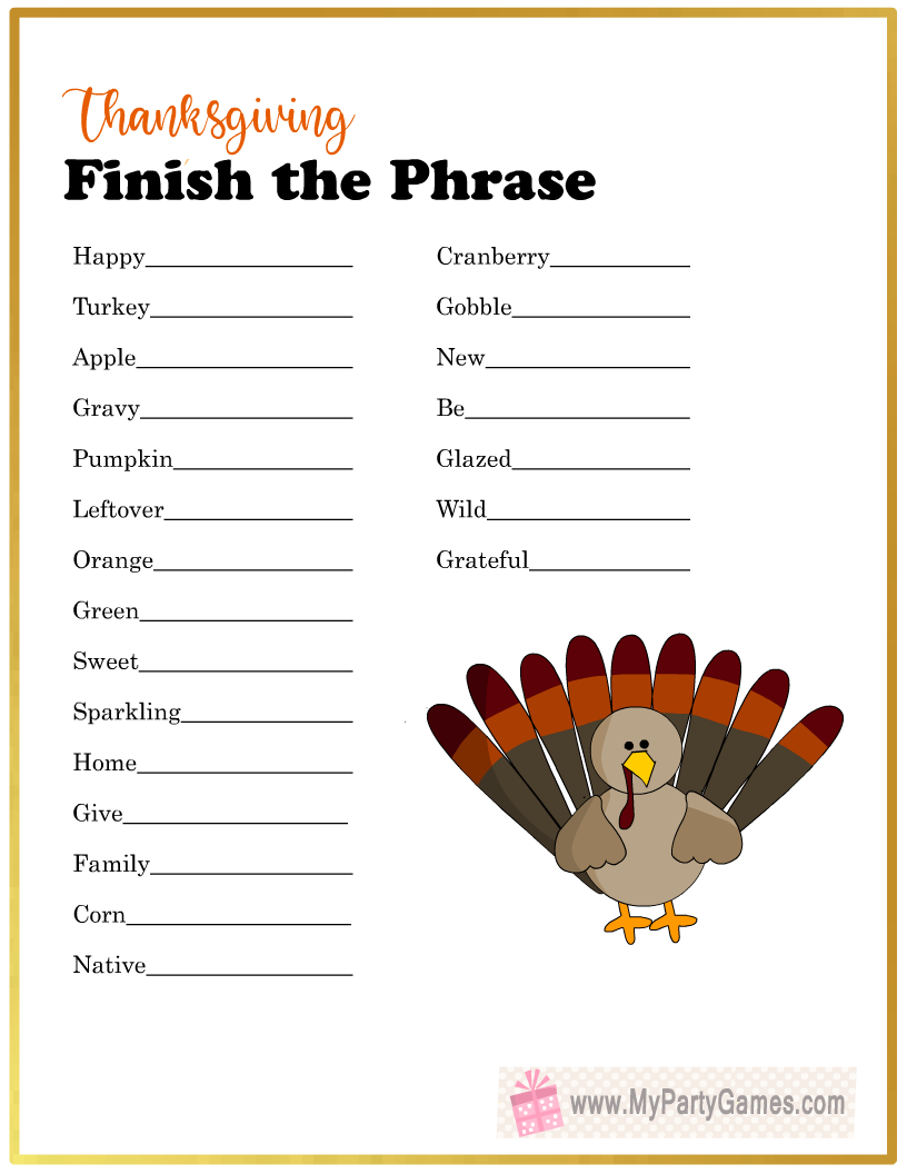 Thanksgiving Finish the Phrase Game Free Printable