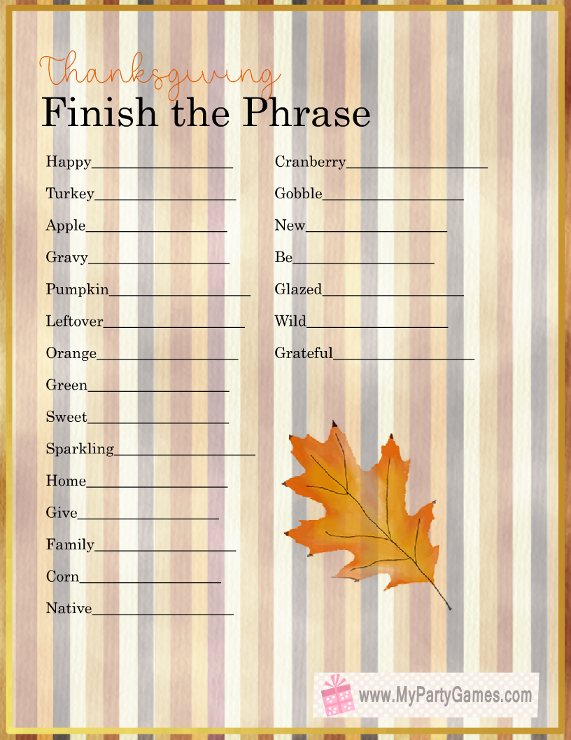 Free Printable Thanksgiving Finish the Phrase Game