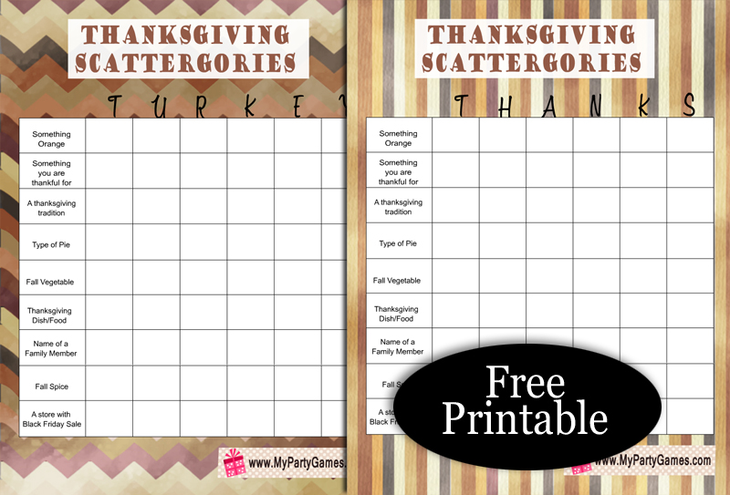 Free Printable Thanksgiving Scattergories inspired Game