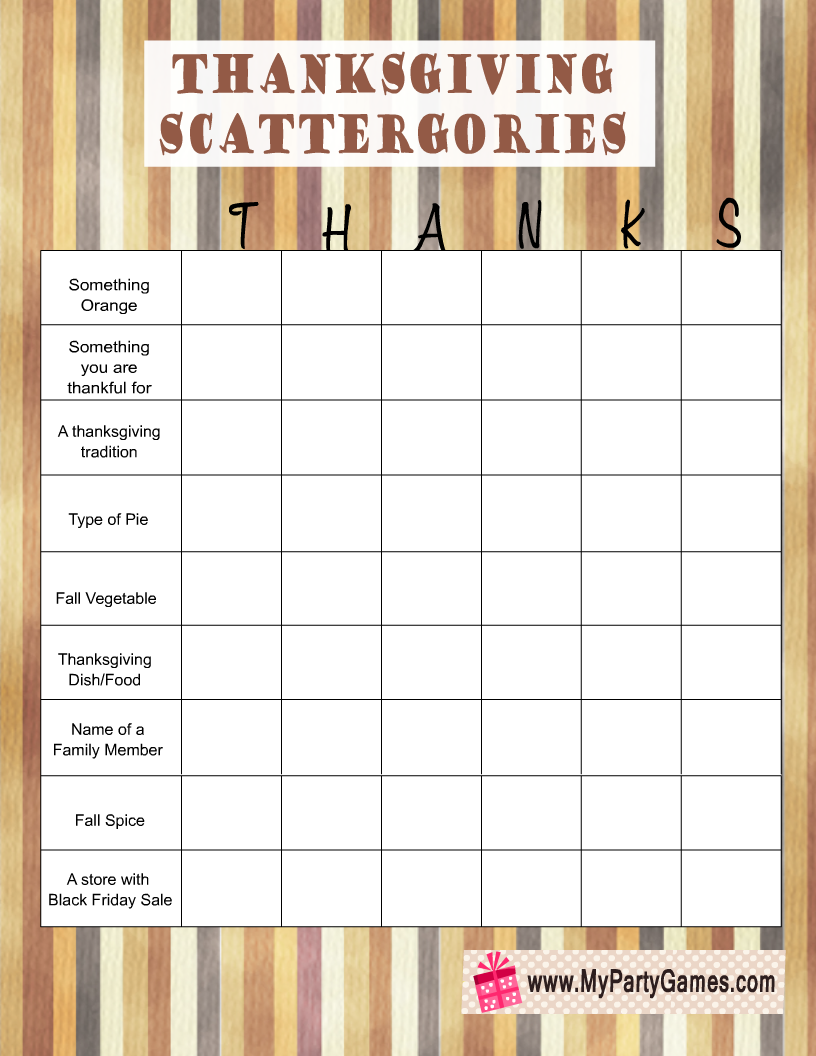 Free Printable Thanksgiving Scattergories inspired Game (Thanks)