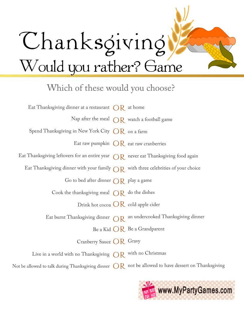 Free Printable Thanksgiving Would you Rather? Game