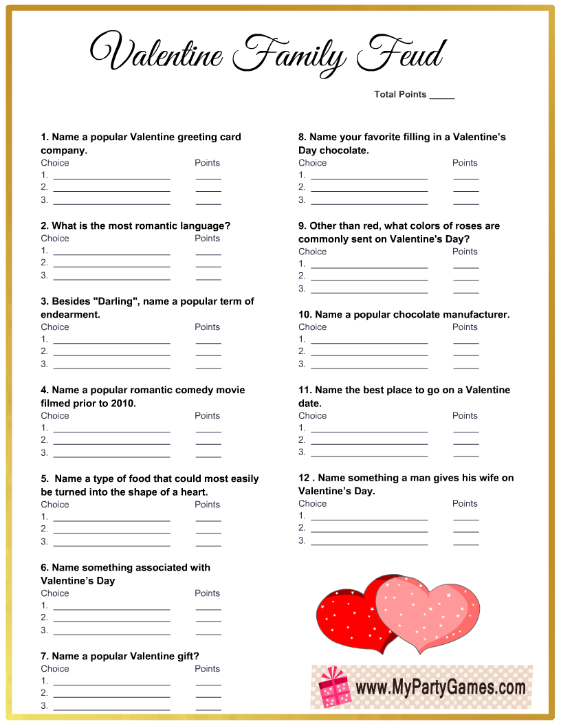 Free Printable Valentine's Day Family Feud style Game