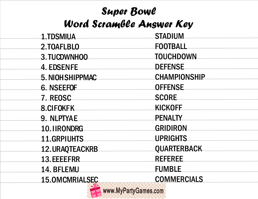 Super Bowl Word Scramble Puzzle Answer Key