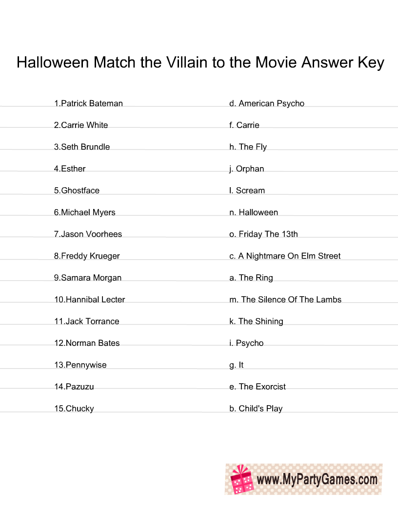 Match the Villain to the Movie Halloween Game Answer Key