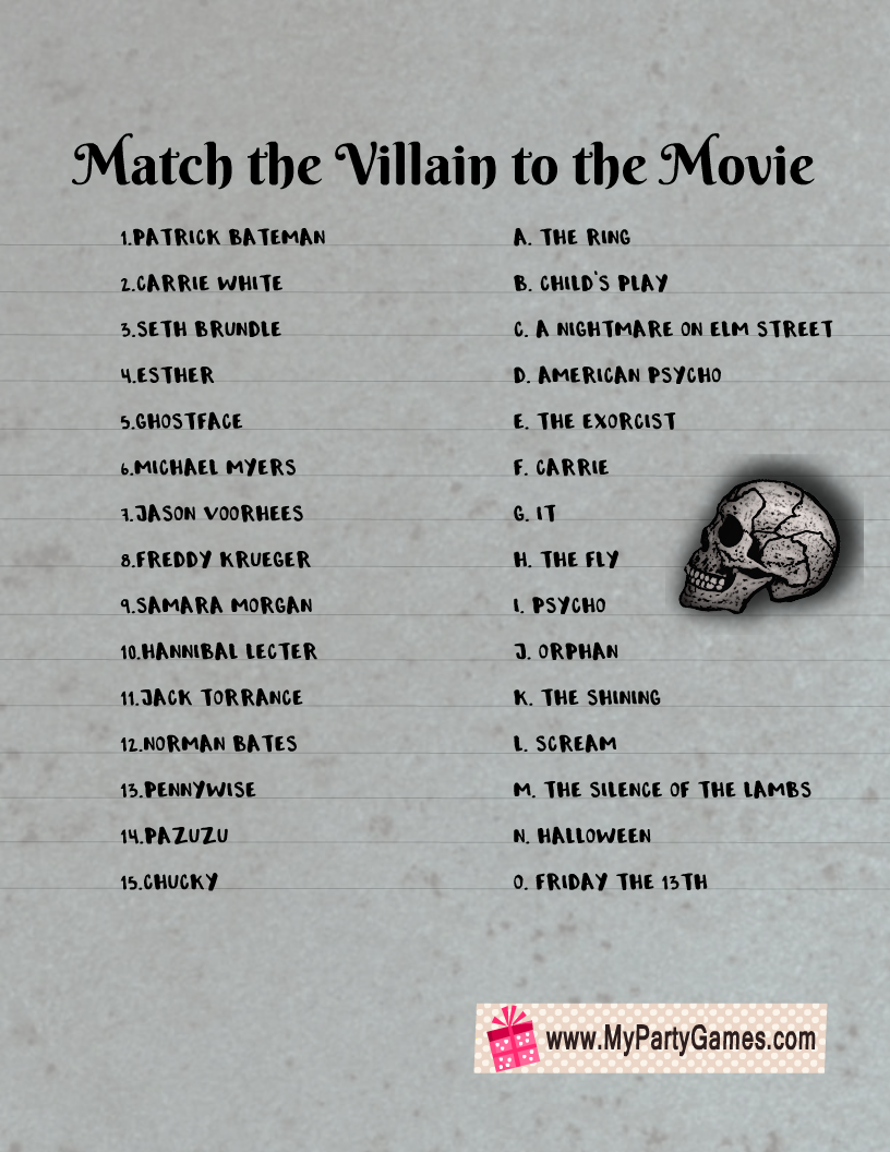 Free Printable Match the Villain to the Movie Halloween Game
