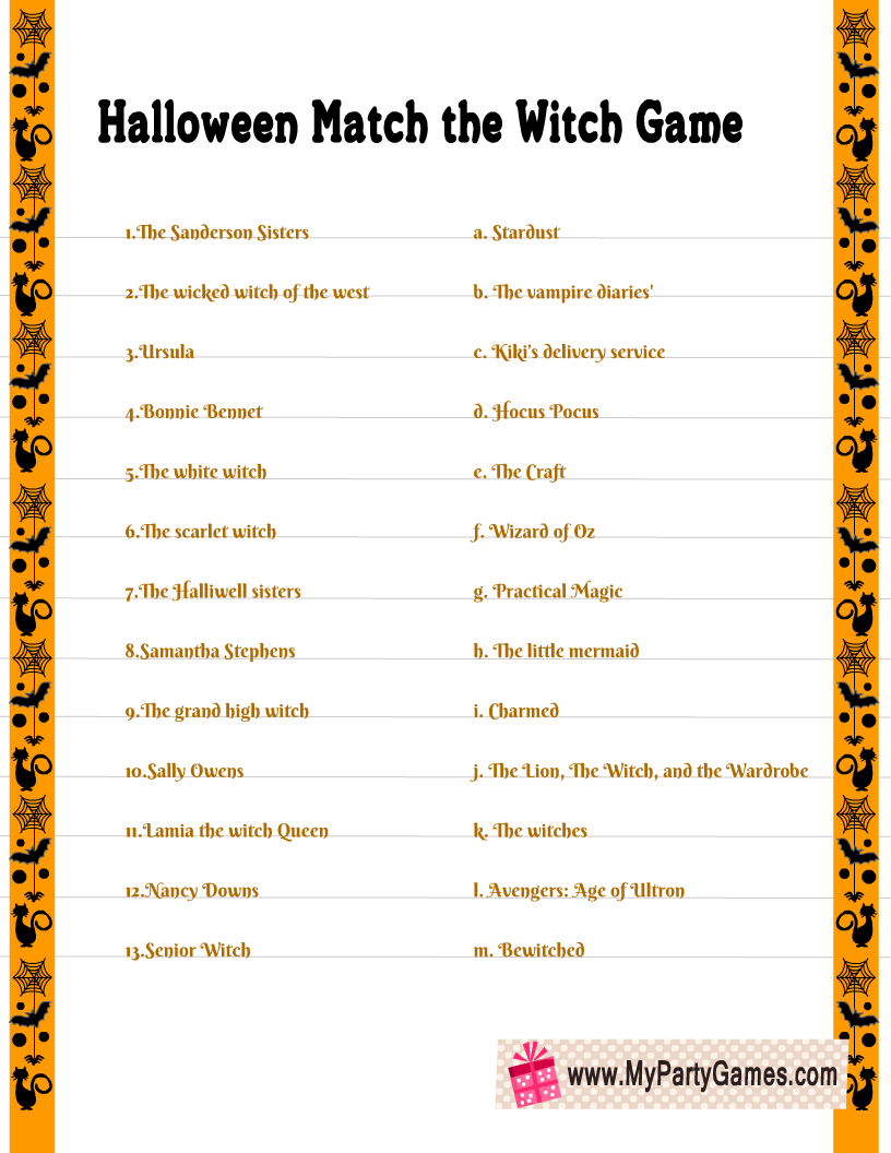 Match the Witch to the TV Show or Movie Halloween Game Printable