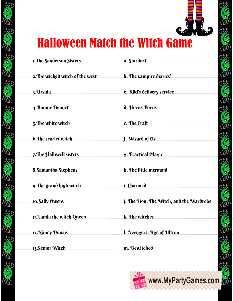 Free Printable Match the Witch to the TV Show or Movie Game