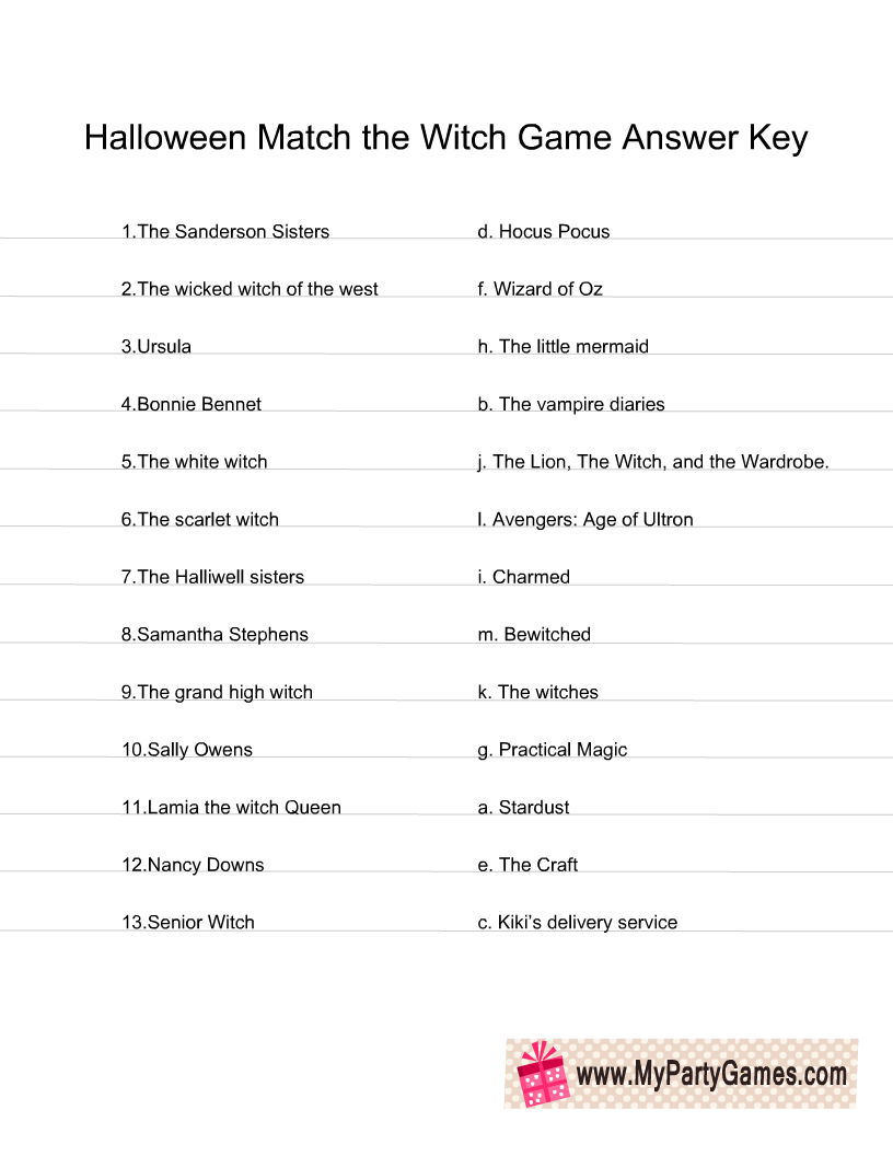 Match the Witch to the TV Show or Movie Game Answer Key