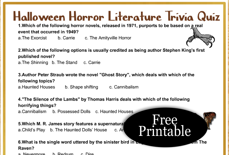 Free Printable Halloween Horror Literature Trivia Quiz