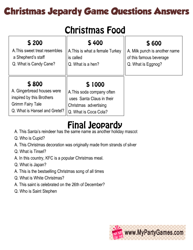 Free Printable Christmas Jeopardy Game Question Cards 2