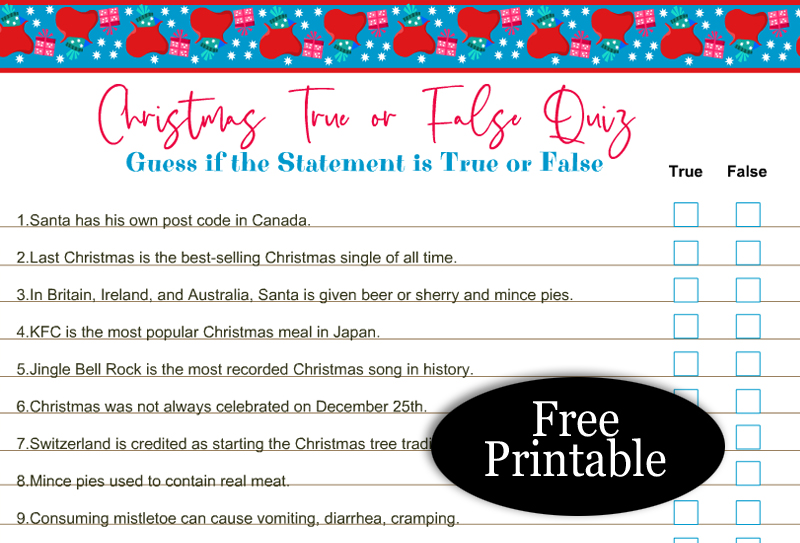 Free Printable Christmas True or False Trivia Quiz