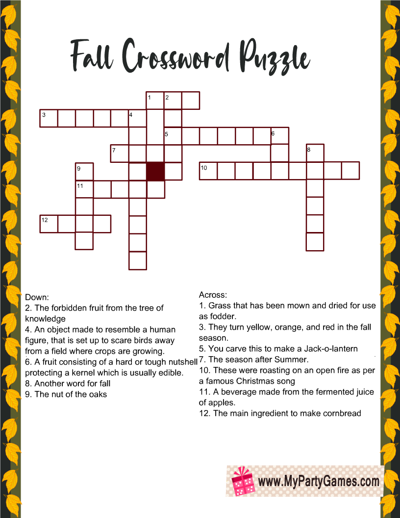 Free Printable Fall Crossword Puzzle With Answers