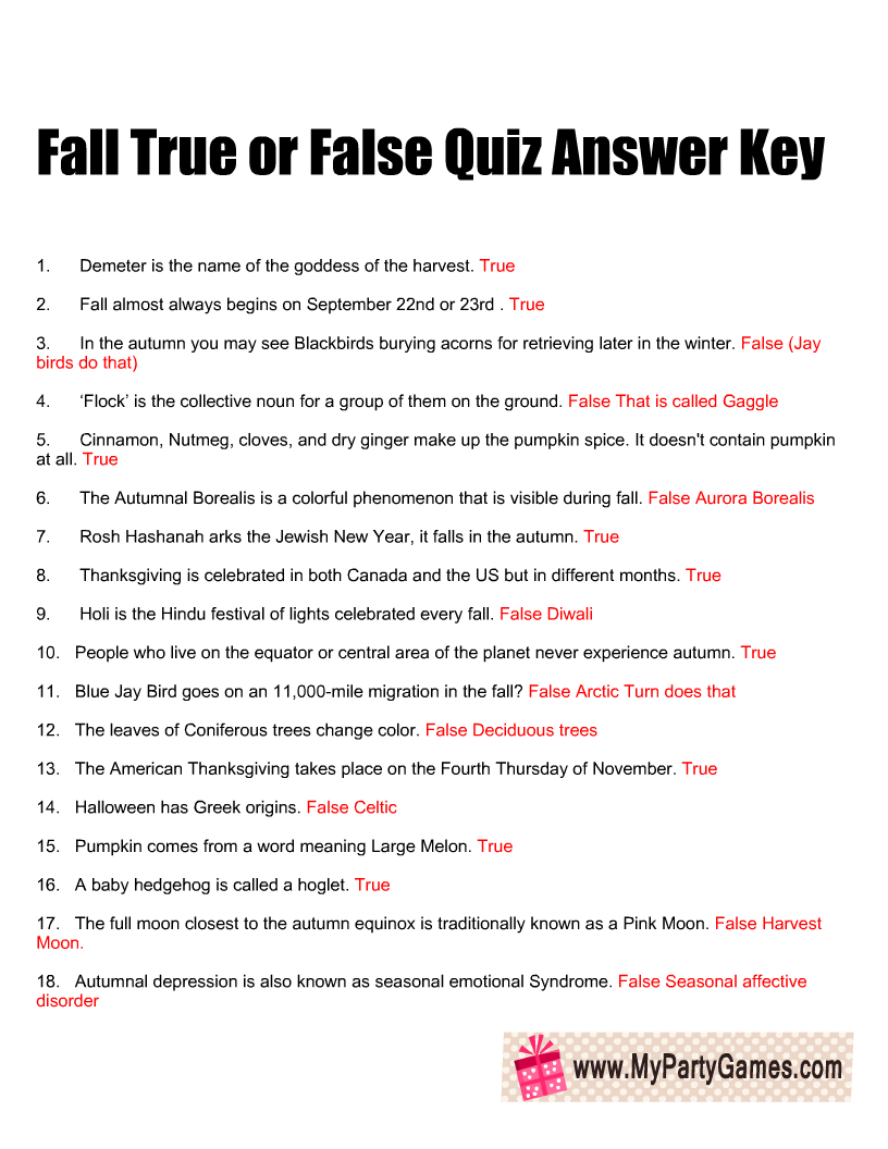 Fall True or False Trivia Quiz Answer Key