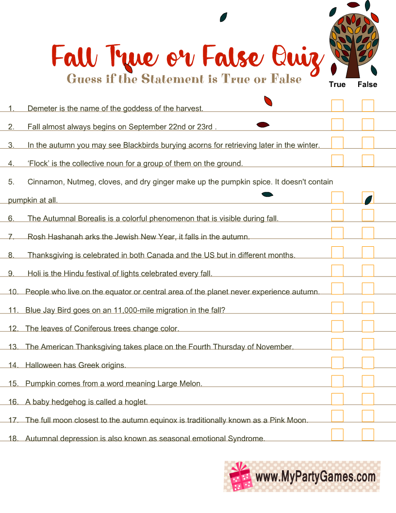 Free Printable Fall True or False Trivia Quiz