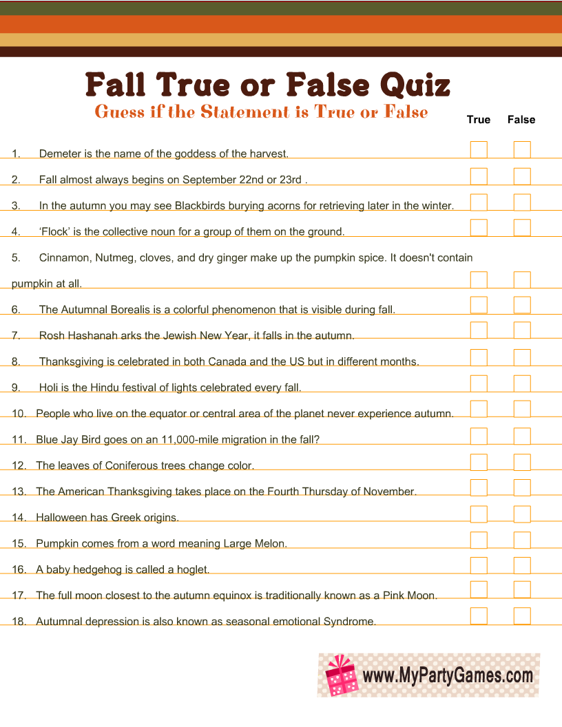  Fall True or False Trivia Quiz Printable