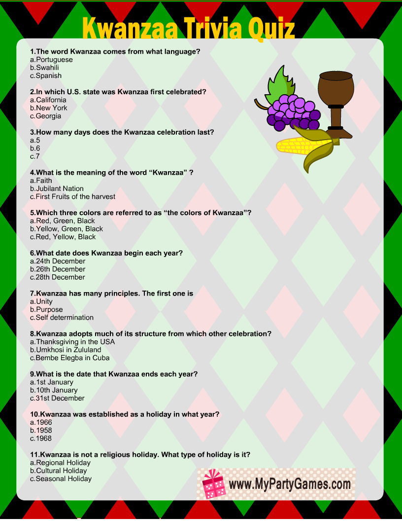 Free Printable Kwanzaa Trivia Quiz
