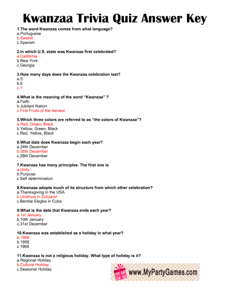 Free Printable Kwanzaa Trivia Quiz with Answer Key