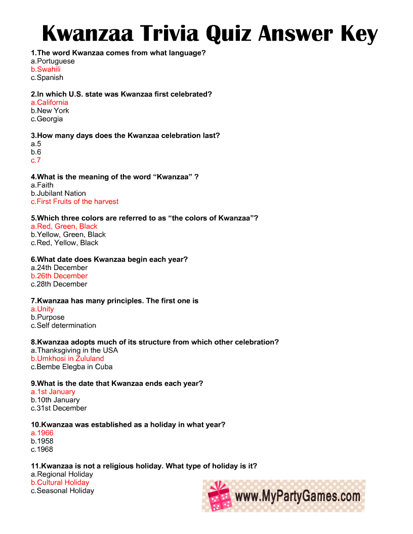 Kwanzaa Trivia Quiz Answer Key
