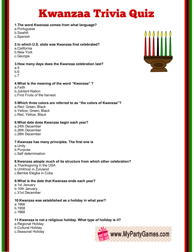 Kwanzaa Trivia Quiz Free Printable