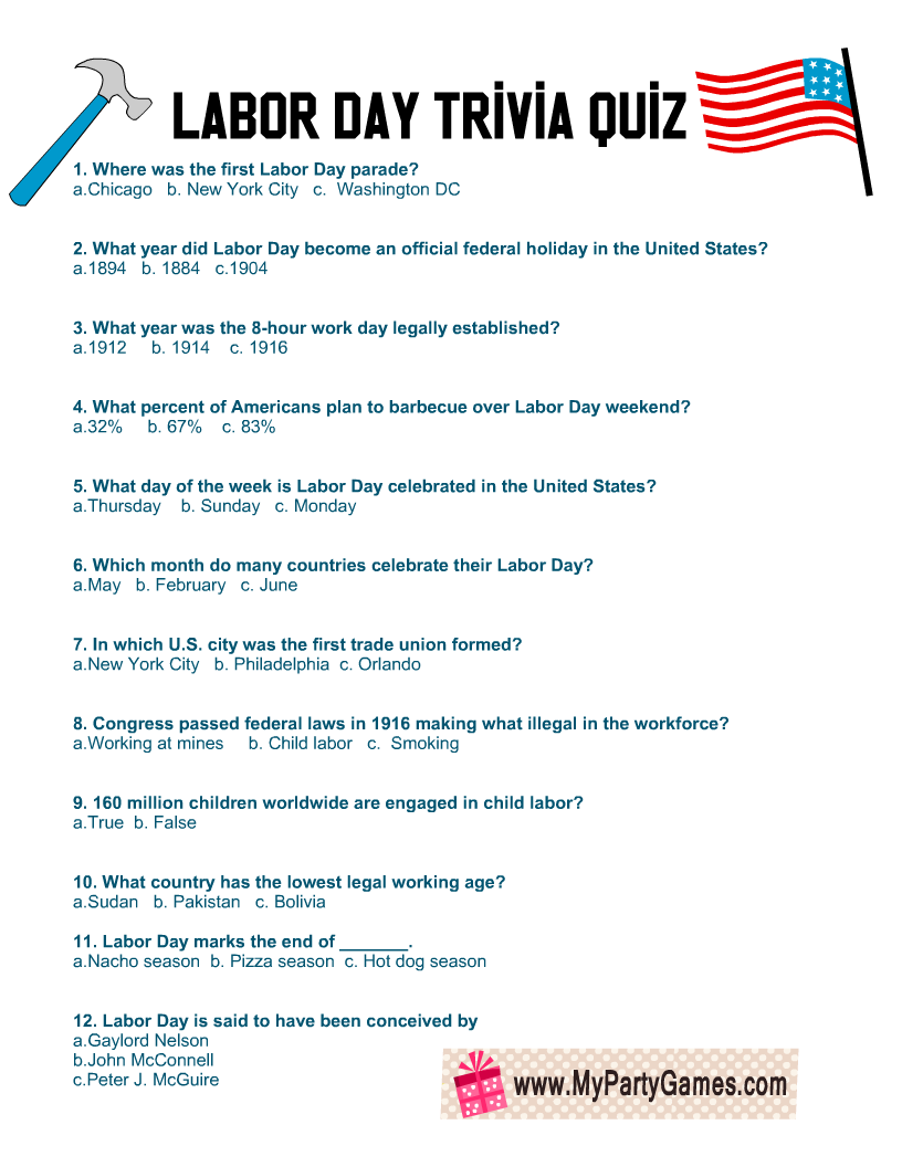Labor Day Trivia Quiz Free Printable