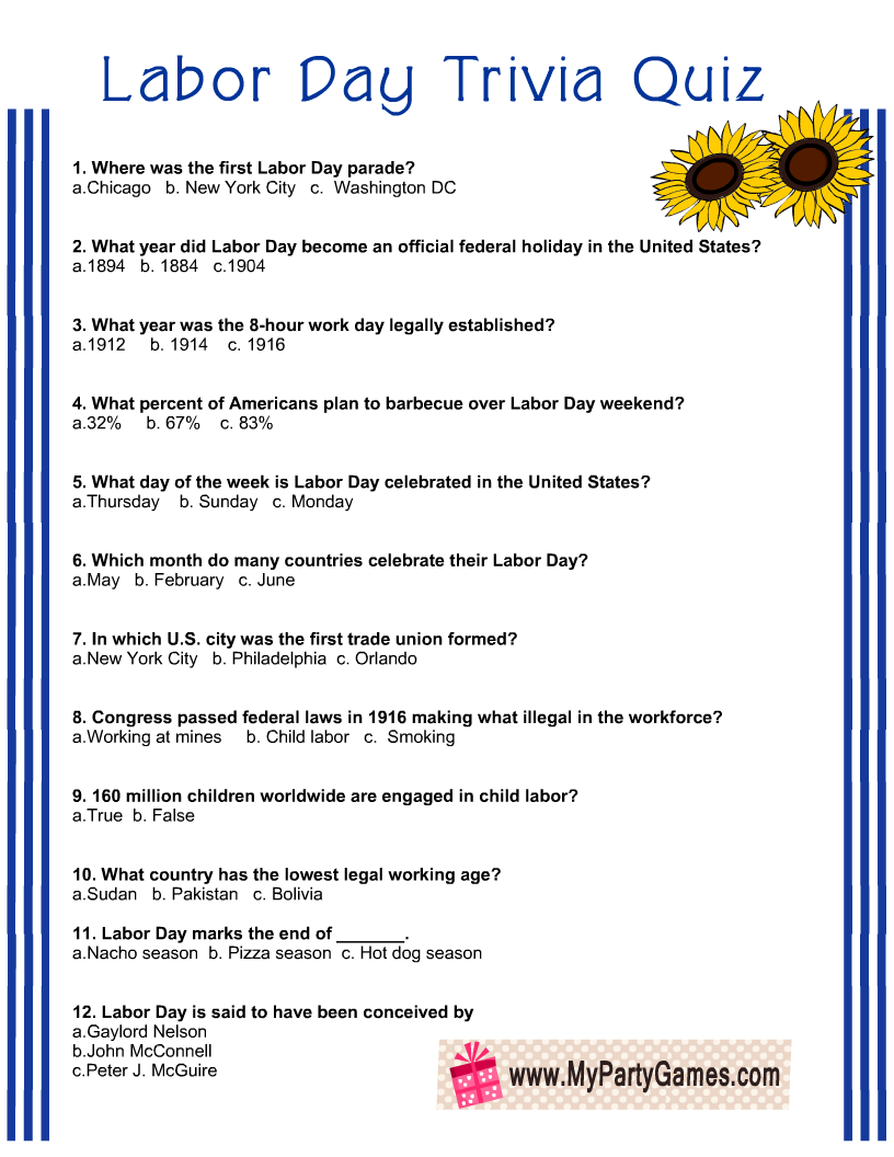Free Printable Labor Day Trivia Quiz