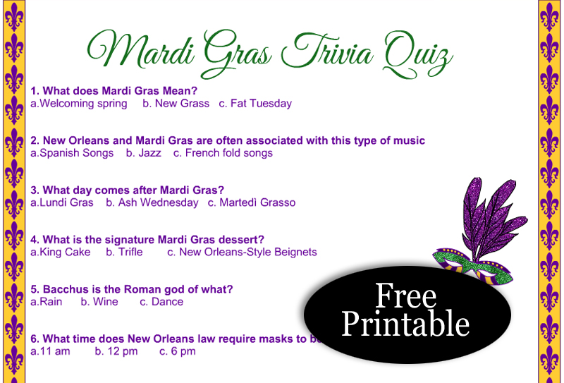 Free Printable Mardi Gras Trivia Quiz with Answer Key