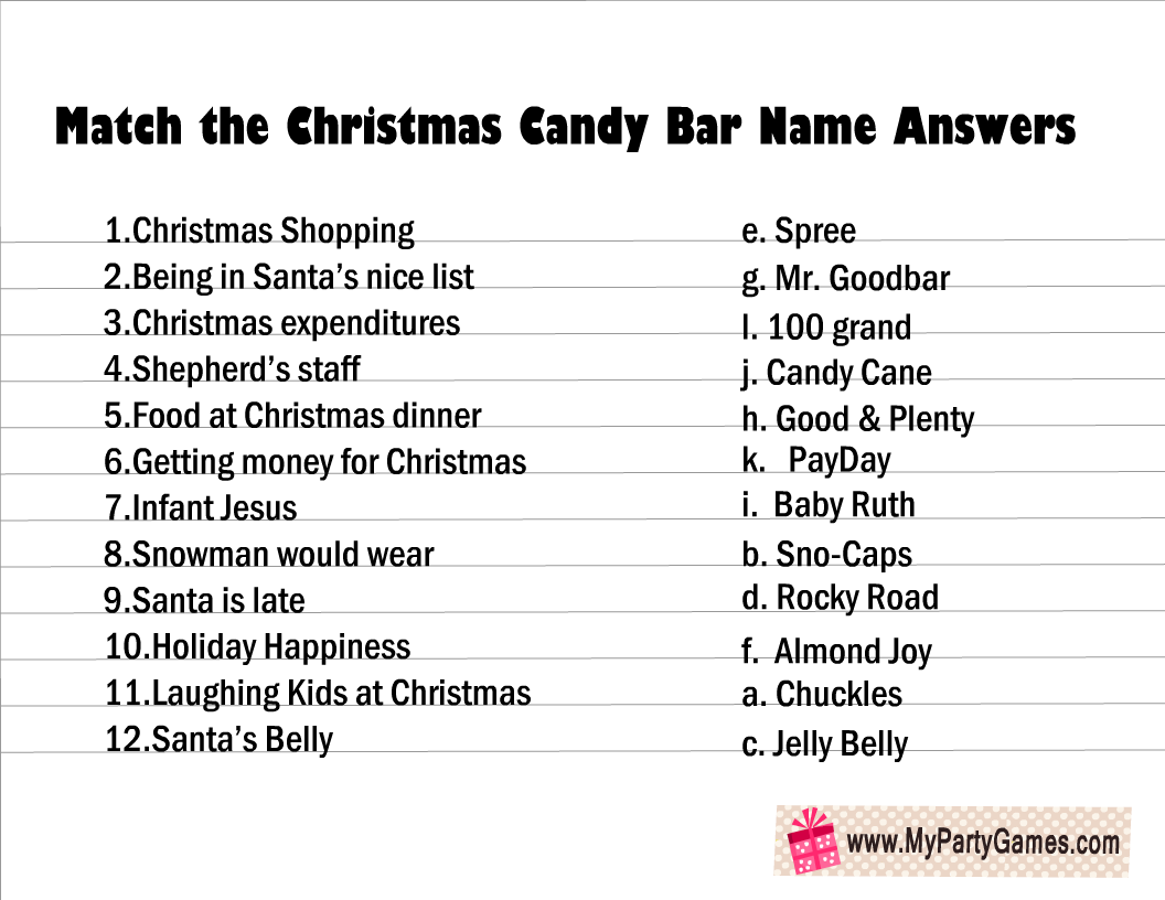 Match the Christmas Candy Bar Name Game Answer Key