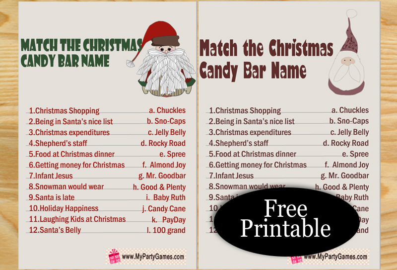 Free Printable Match the Christmas Candy Bar Name Game