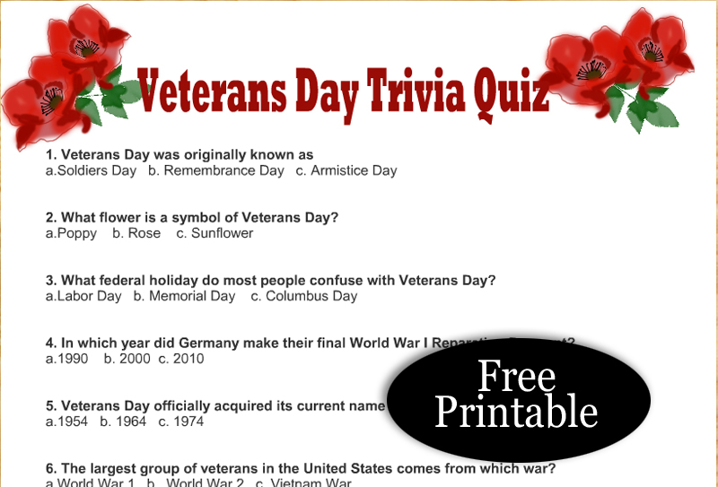 Free Printable Veterans Day Trivia Quiz with Answer Key