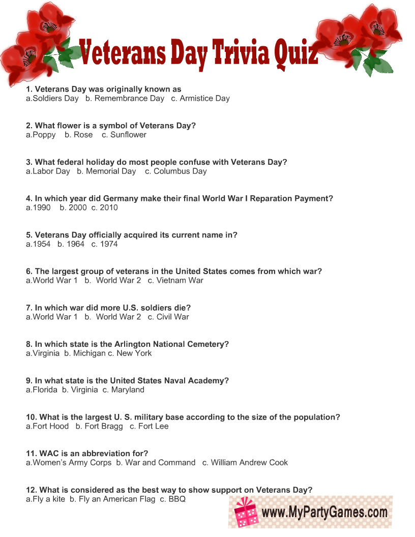 Free Printable Veterans Day Trivia Quiz
