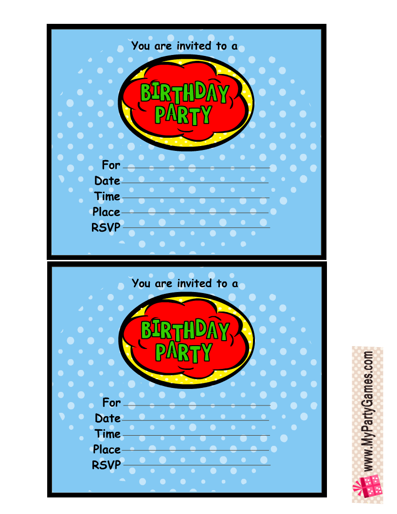 Comic Book Style Birthday Party Invitations
