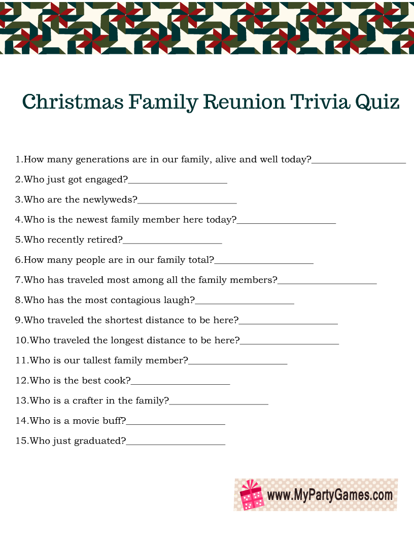 Christmas Family Reunion Trivia Quiz Printable