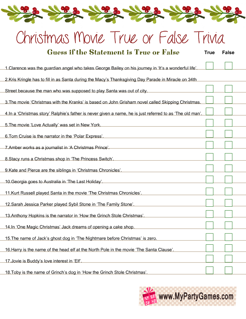 Free Printable Christmas Movie True or False Trivia Quiz