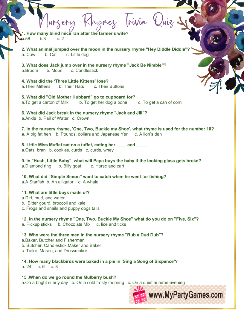 Free Printable Nursery Rhymes Trivia Quiz