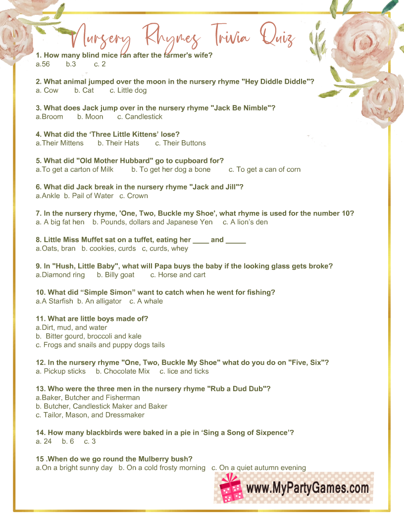Nursery Rhymes Trivia Quiz Printable