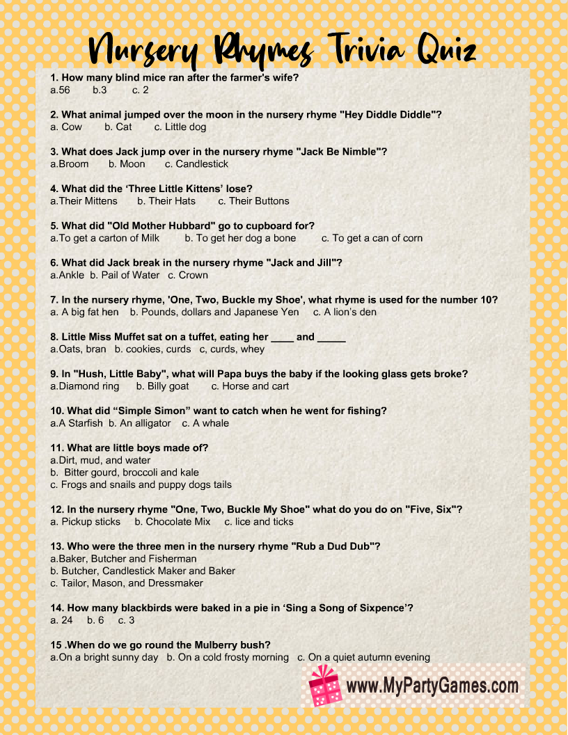 Free Printable Nursery Rhymes Trivia Quiz Sheet in Yellow Color