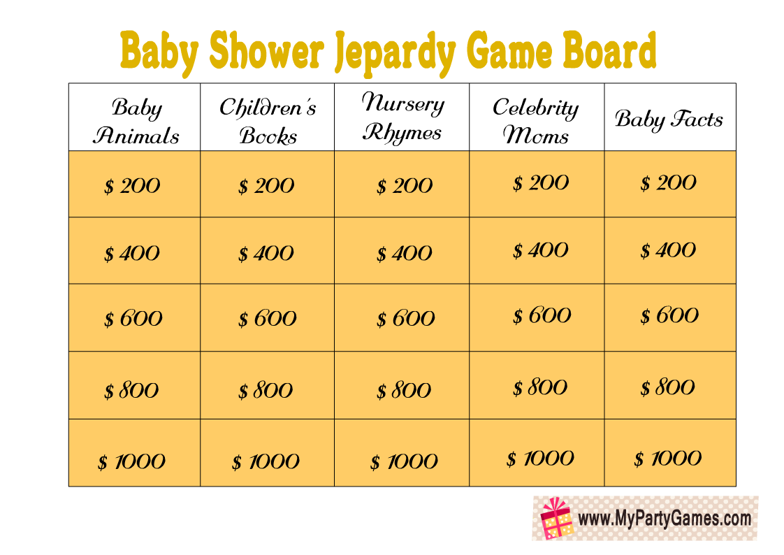 Baby Shower Jeopardy Game Board Printable in Yellow Color