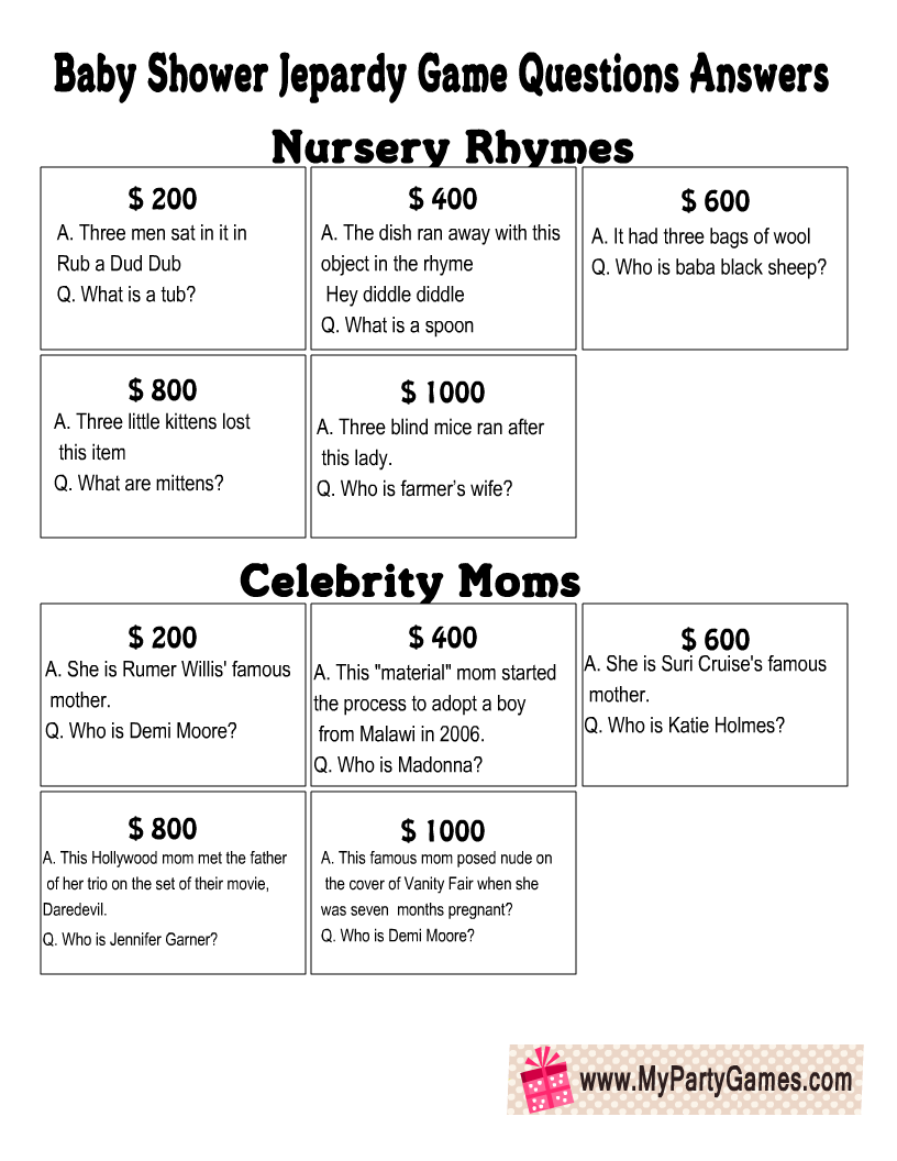 Free Printable Baby Shower Jeopardy Game Answers and Questions 1