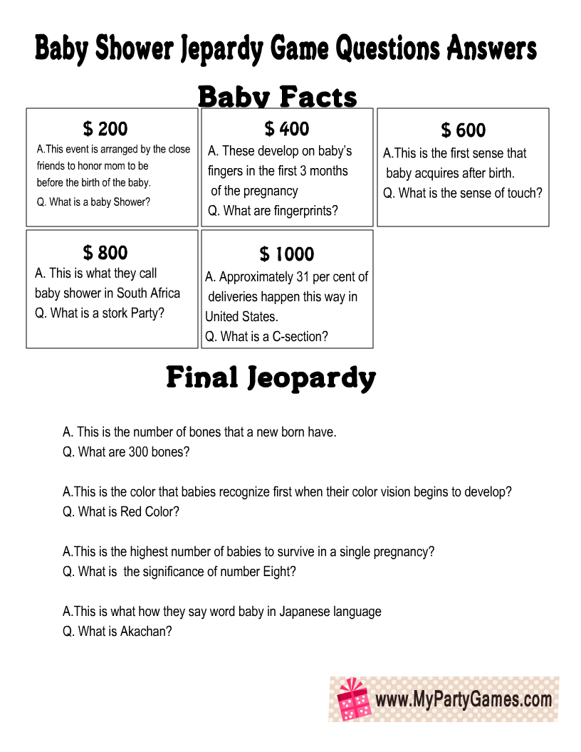 Free Printable Baby Shower Jeopardy Game Answers and Questions 2