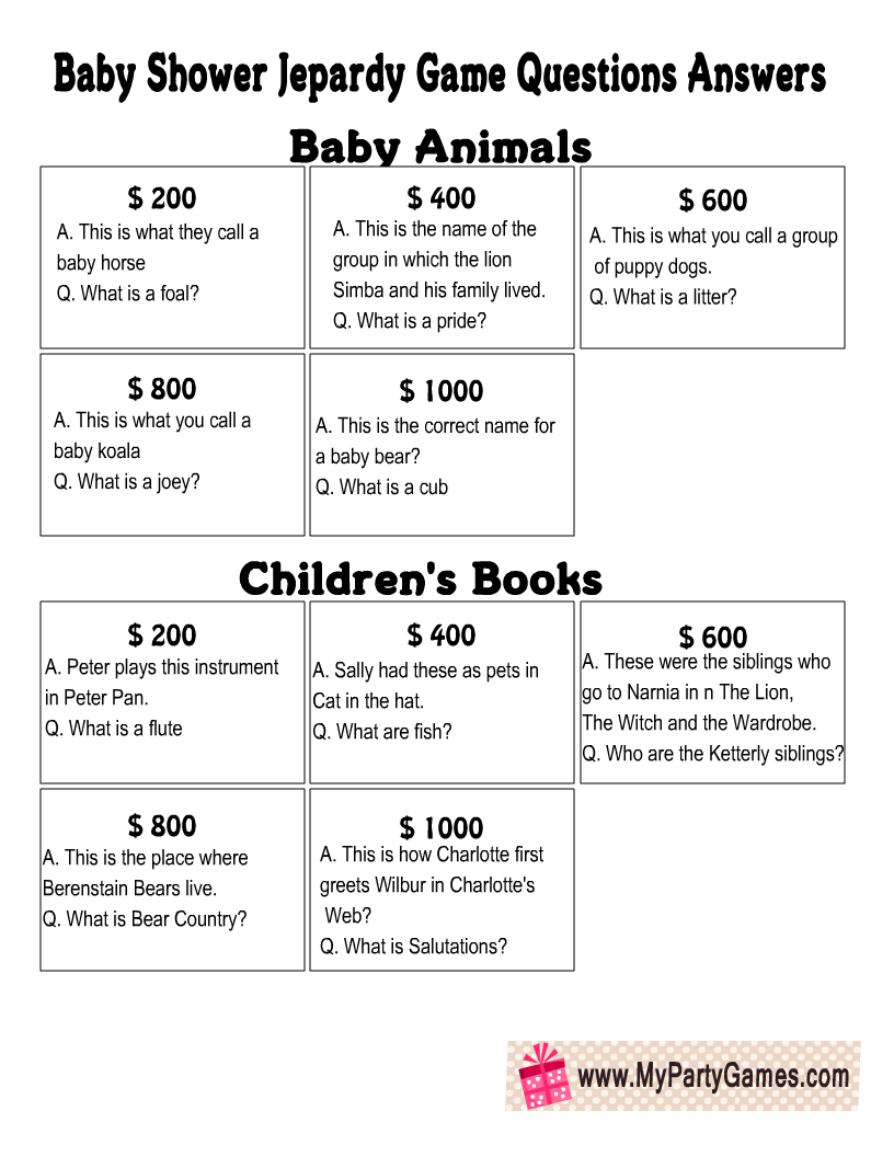Free Printable Baby Shower Jeopardy Game Answers and Questions