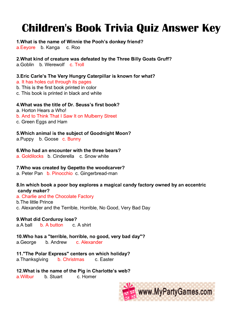 Free Printable Children s Books Trivia Quiz
