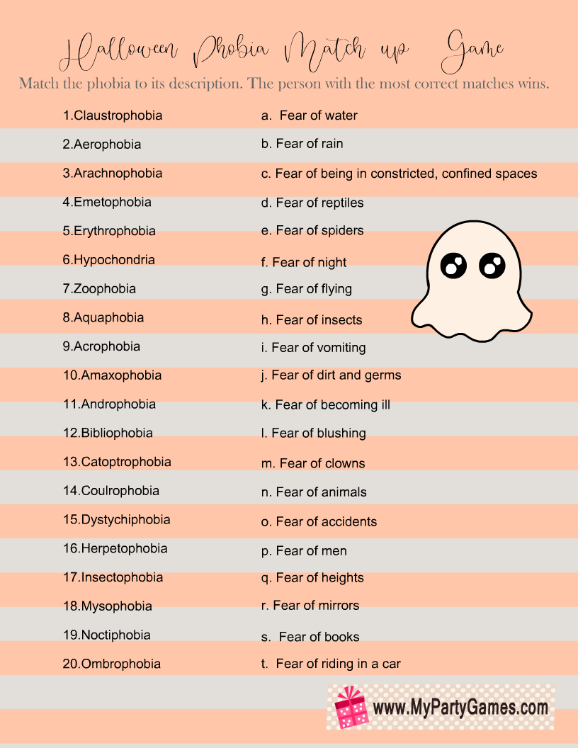 Halloween Phobia Match-up Game Printable