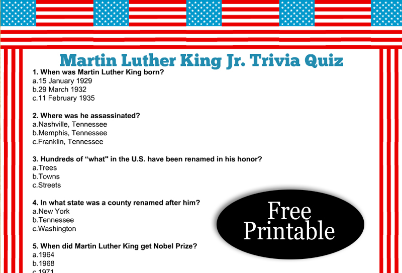 Free Printable Martin Luther King Jr. Trivia Quiz with Answer Key