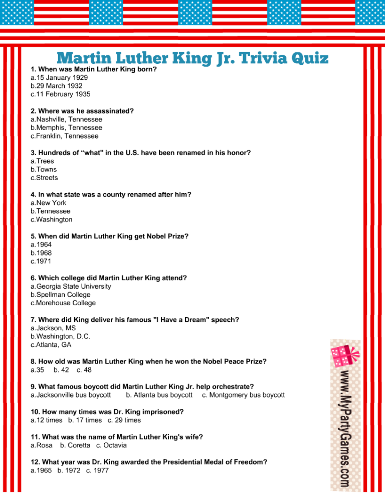 Free Printable Martin Luther King Jr. Trivia Quiz with Answer Key