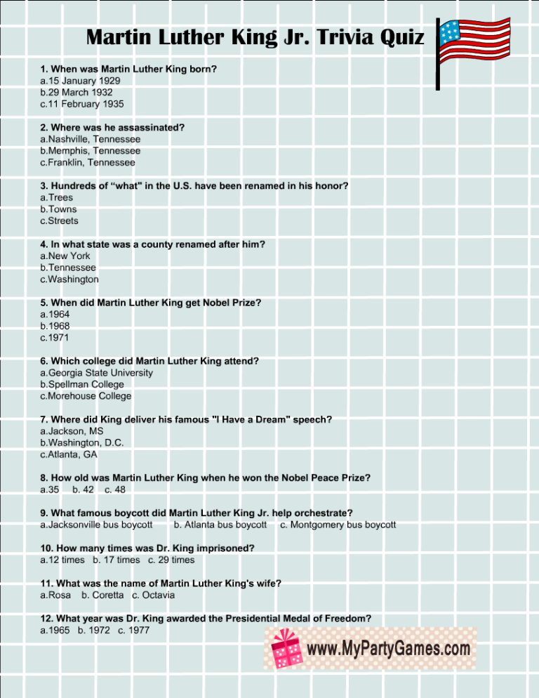 Free Printable Martin Luther King Jr. Trivia Quiz with Answer Key