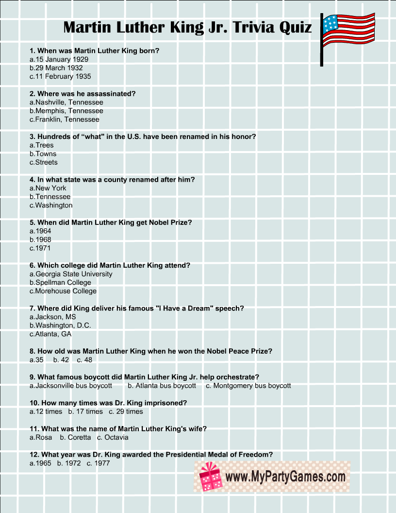Free Printable Martin Luther King Jr. Trivia Quiz